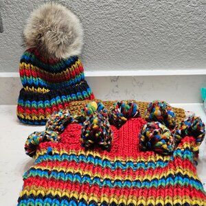 Zara Multicolor Patchwork Pom Pom Scarf & Hat Set